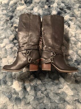 Fergie Dark Brown Mid-Calf Leather Heeled Boots with Buckle Straps